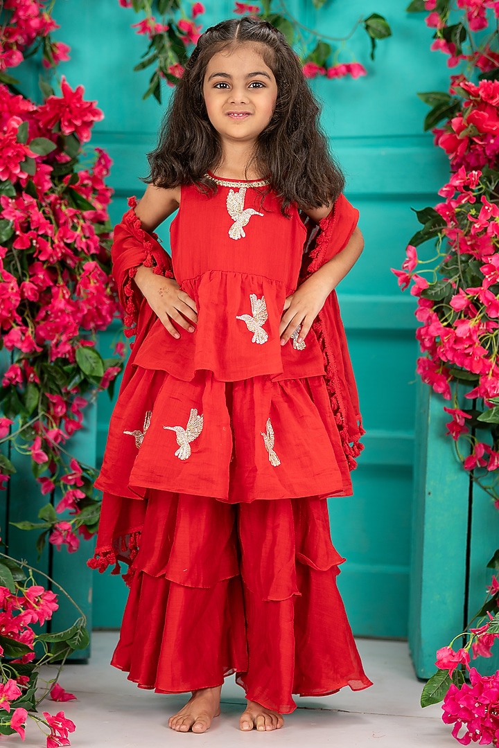 Red Chanderi Layered Gharara Set For Girls by SHRUTI JALAN at Pernia's Pop Up Shop