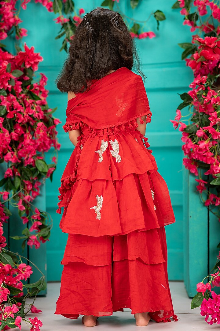 Red Chanderi Layered Gharara Set For Girls by SHRUTI JALAN at Pernia's Pop Up Shop