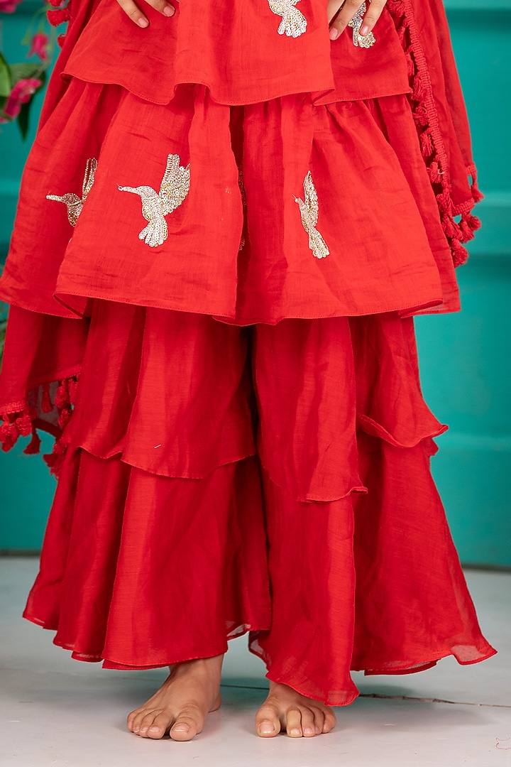 Red Chanderi Layered Gharara Set For Girls by SHRUTI JALAN at Pernia's Pop Up Shop