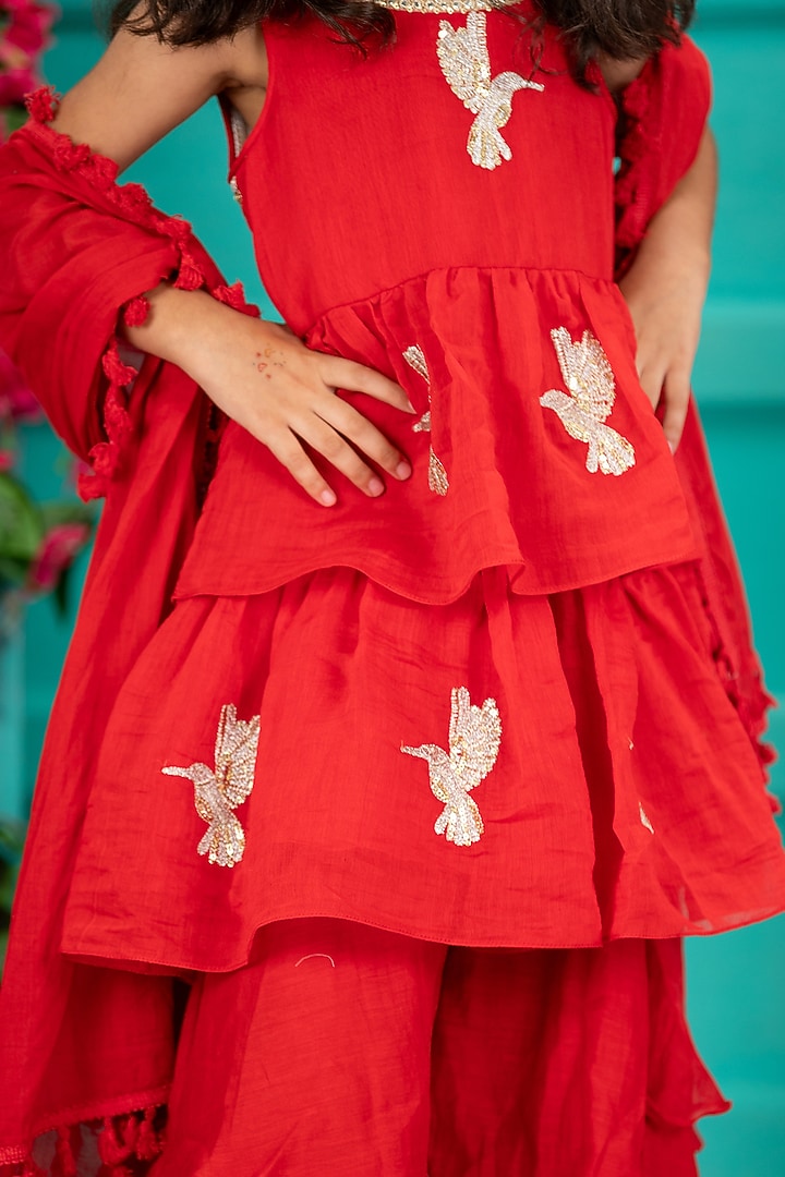Red Chanderi Layered Gharara Set For Girls by SHRUTI JALAN at Pernia's Pop Up Shop