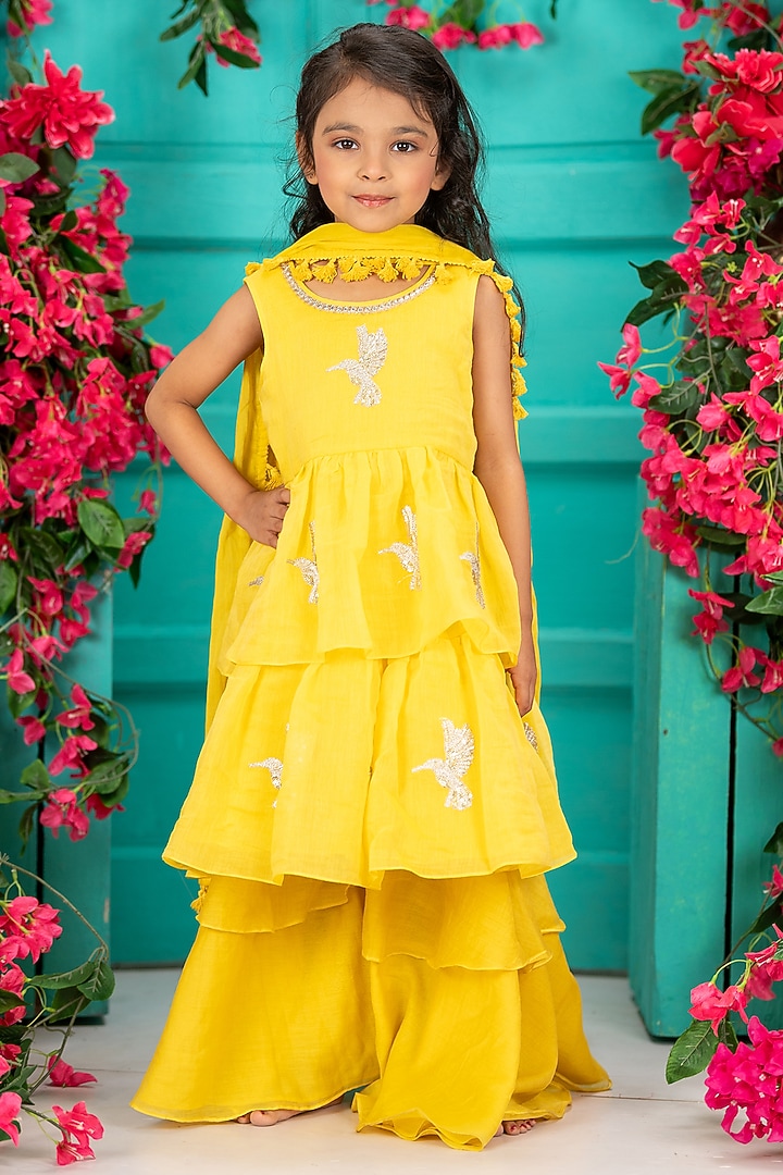 Yellow Chanderi Layered Gharara Set For Girls by SHRUTI JALAN at Pernia's Pop Up Shop
