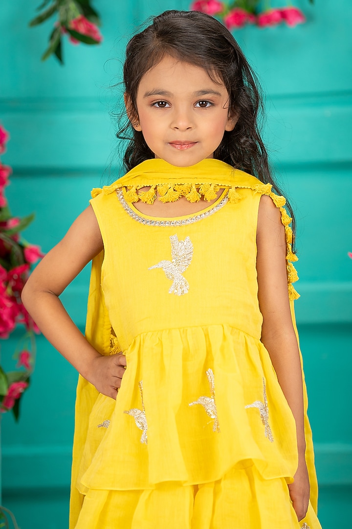 Yellow Chanderi Layered Gharara Set For Girls by SHRUTI JALAN at Pernia's Pop Up Shop