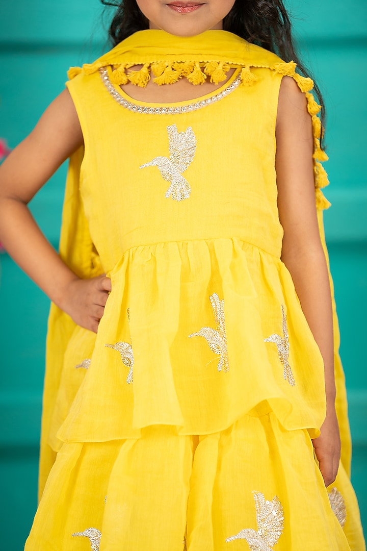 Yellow Chanderi Layered Gharara Set For Girls by SHRUTI JALAN at Pernia's Pop Up Shop