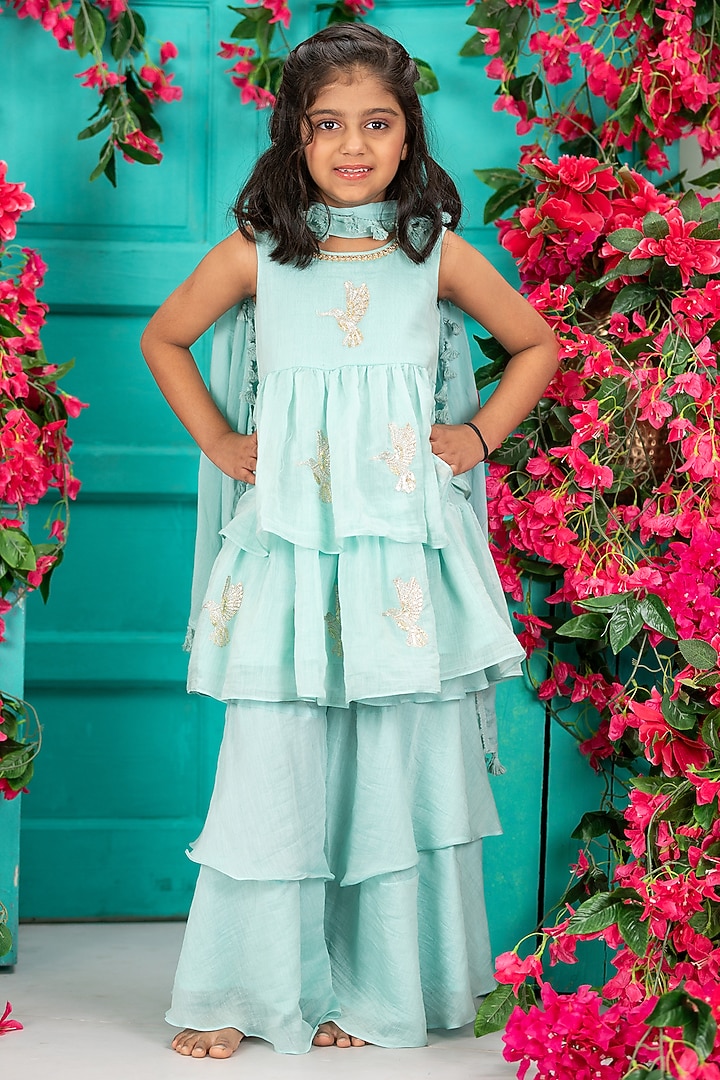 Blue Chanderi Layered Gharara Set For Girls by SHRUTI JALAN at Pernia's Pop Up Shop