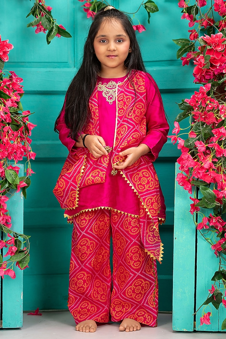 Rani Pink Silk & Bandhej Kota Fabric Kurta Set For Girls by SHRUTI JALAN at Pernia's Pop Up Shop