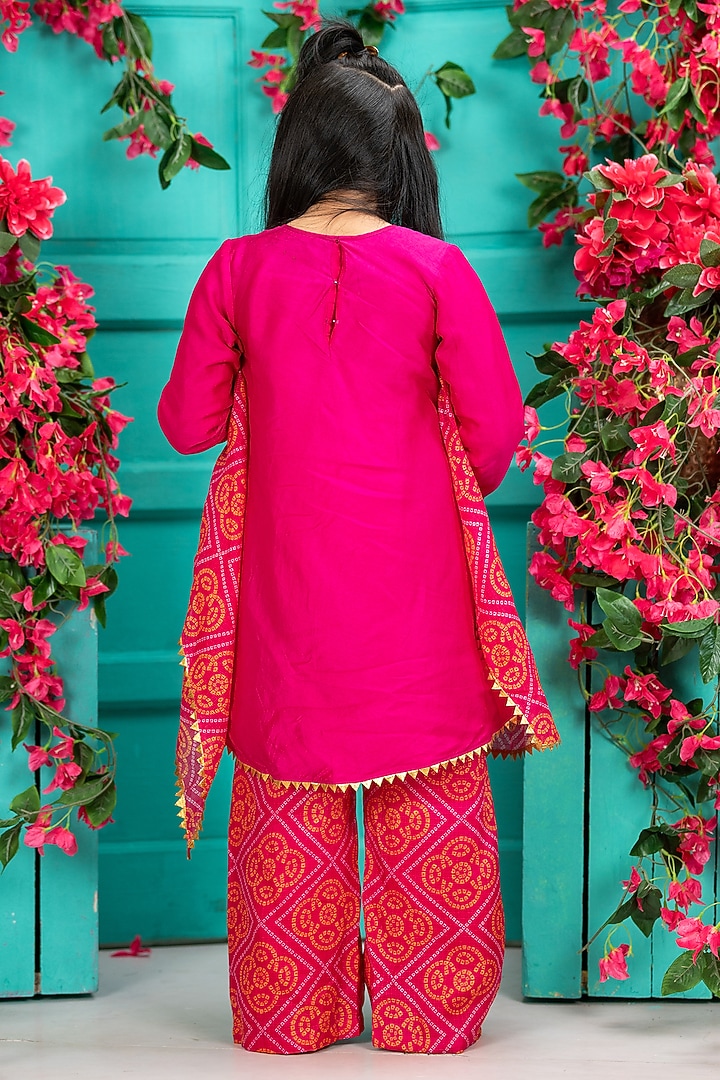 Rani Pink Silk & Bandhej Kota Fabric Kurta Set For Girls by SHRUTI JALAN at Pernia's Pop Up Shop