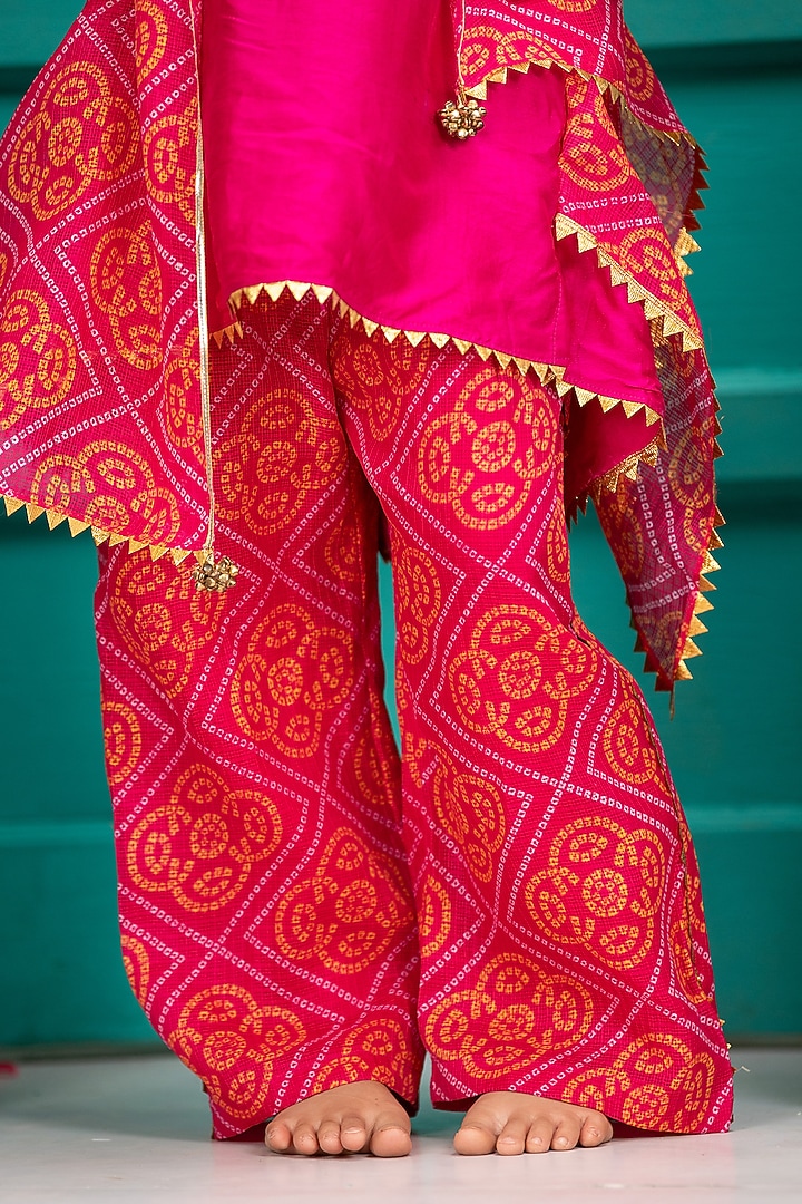 Rani Pink Silk & Bandhej Kota Fabric Kurta Set For Girls by SHRUTI JALAN at Pernia's Pop Up Shop