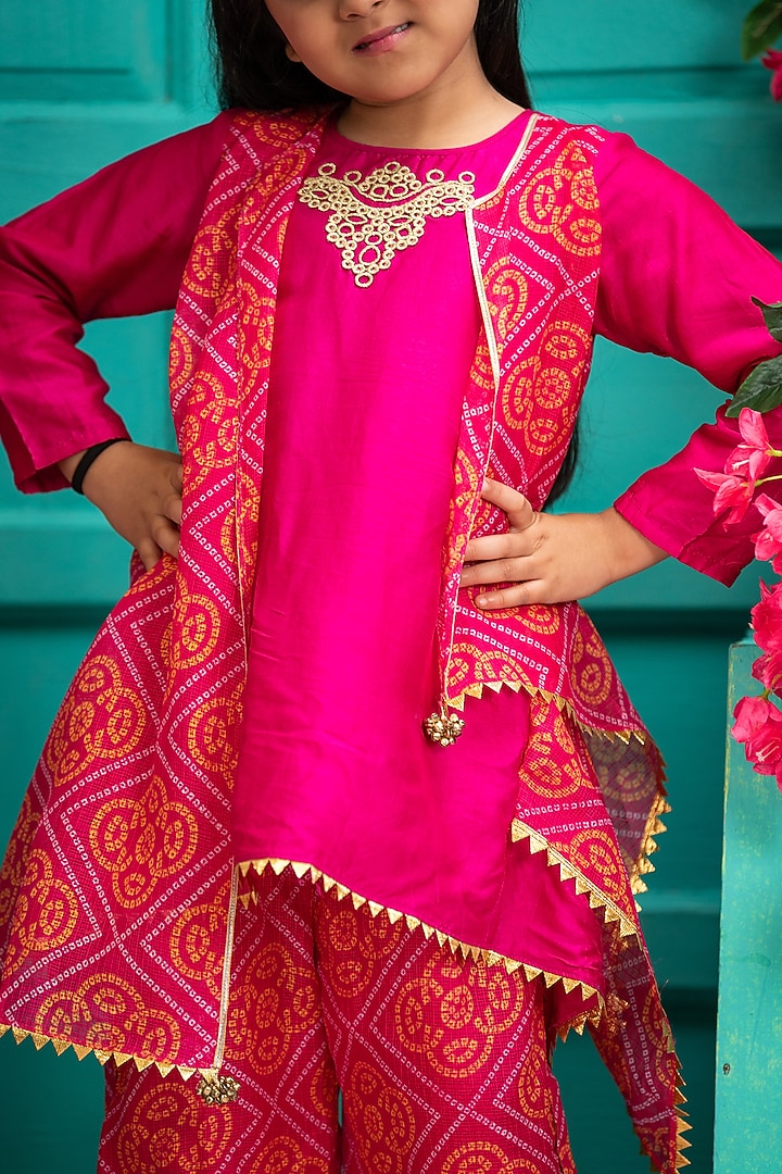 Rani Pink Silk & Bandhej Kota Fabric Kurta Set For Girls by SHRUTI JALAN at Pernia's Pop Up Shop