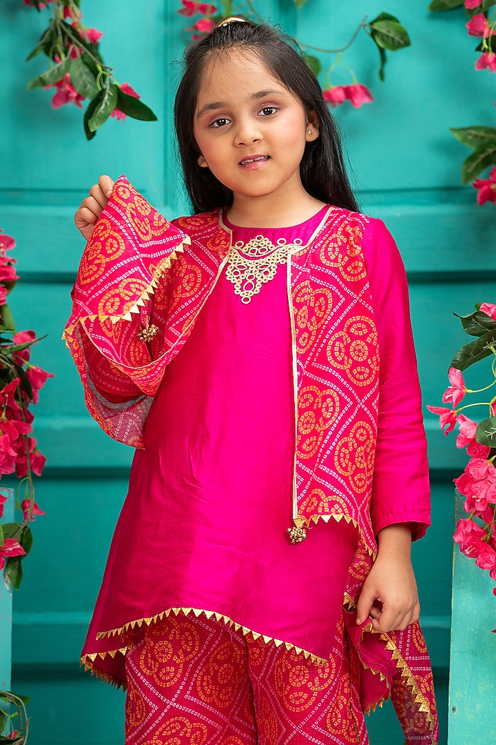 Rani Pink Silk & Bandhej Kota Fabric Kurta Set For Girls by SHRUTI JALAN at Pernia's Pop Up Shop