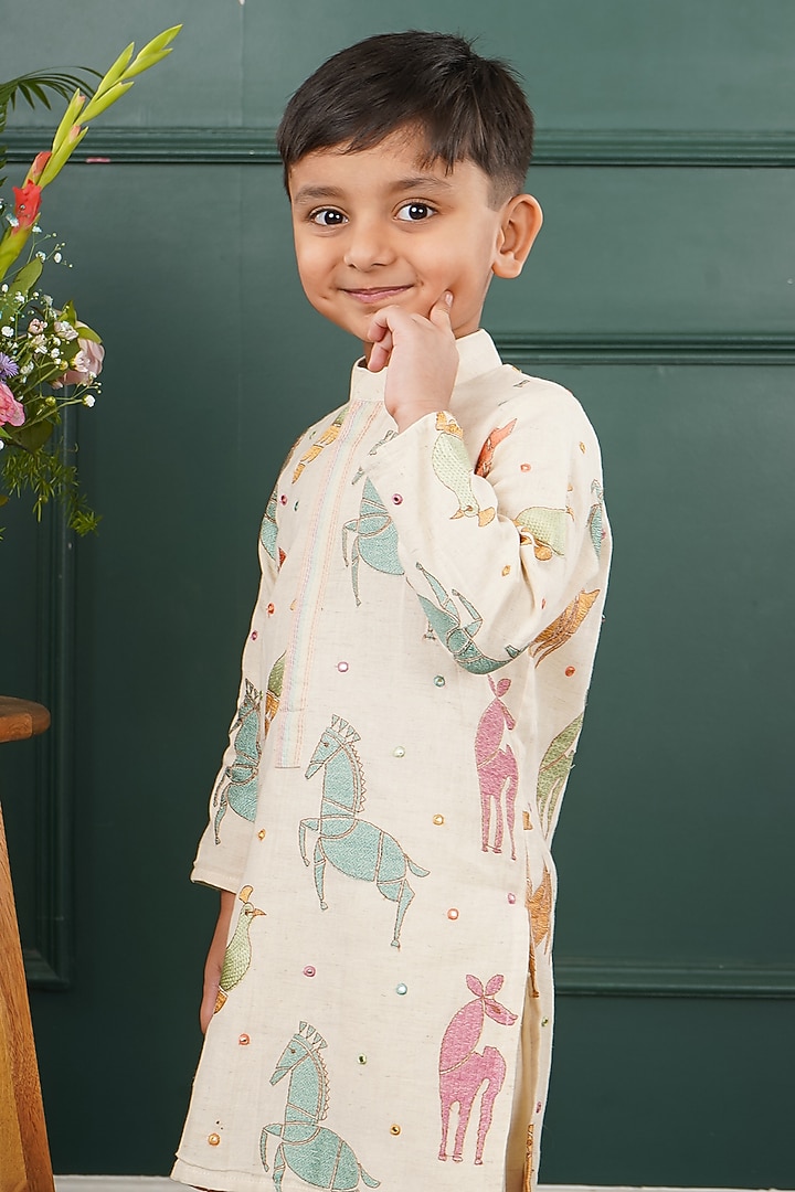 Cream Mal Embroidered Kurta Set For Boys by SHRUTI JALAN at Pernia's Pop Up Shop