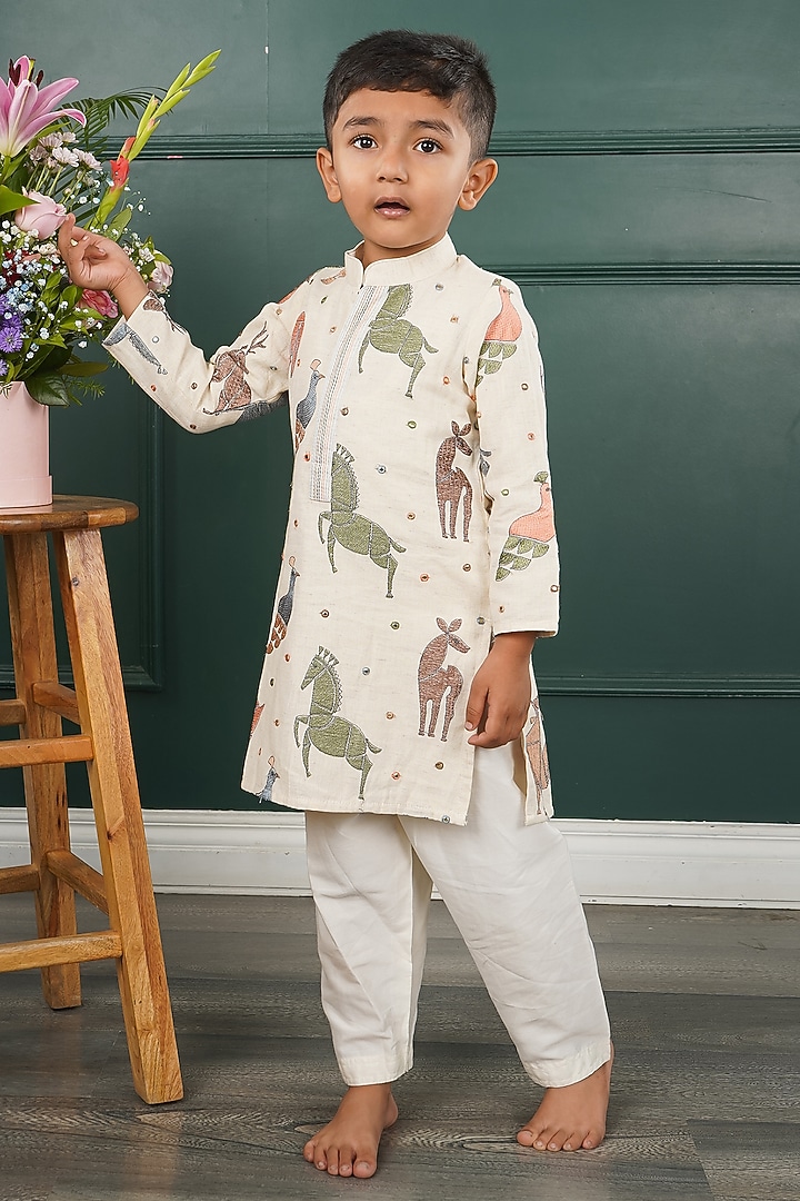 Cream Mal Embroidered Kurta Set For Boys by SHRUTI JALAN at Pernia's Pop Up Shop