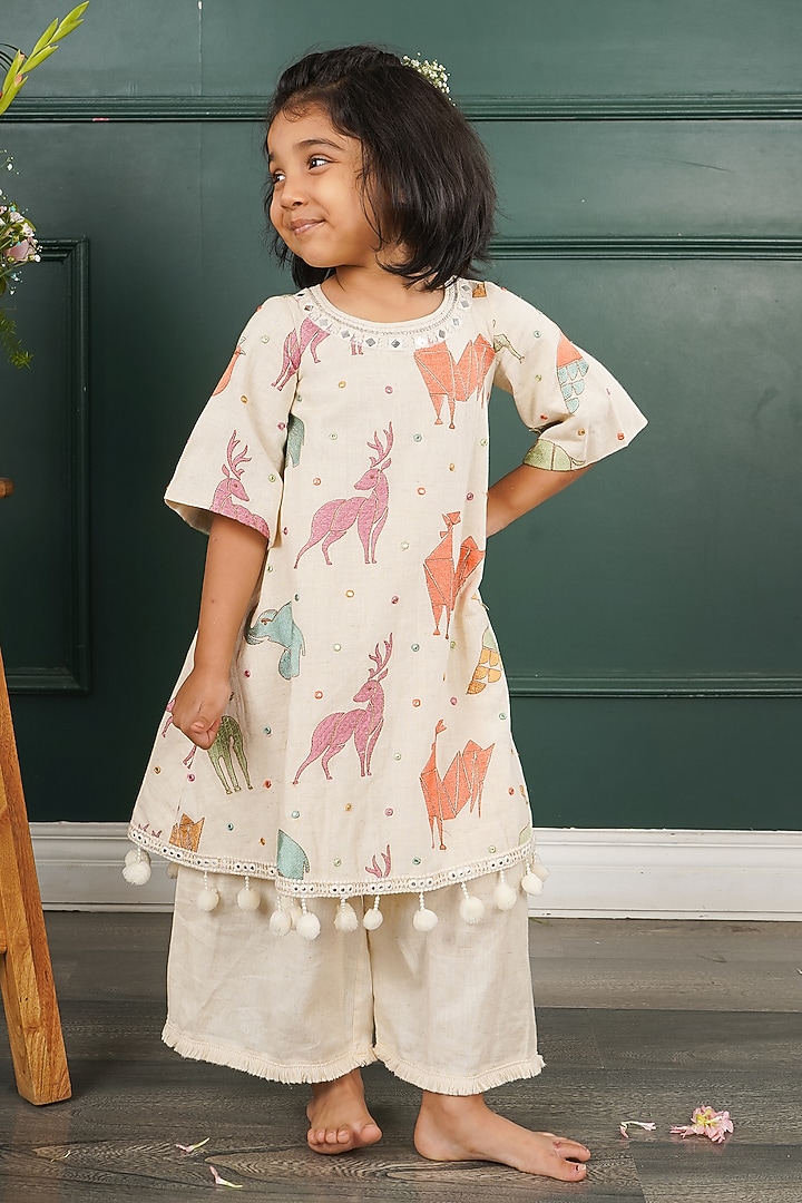 Cream Mal Printed & Embroidered Tunic Set For Girls by SHRUTI JALAN at Pernia's Pop Up Shop