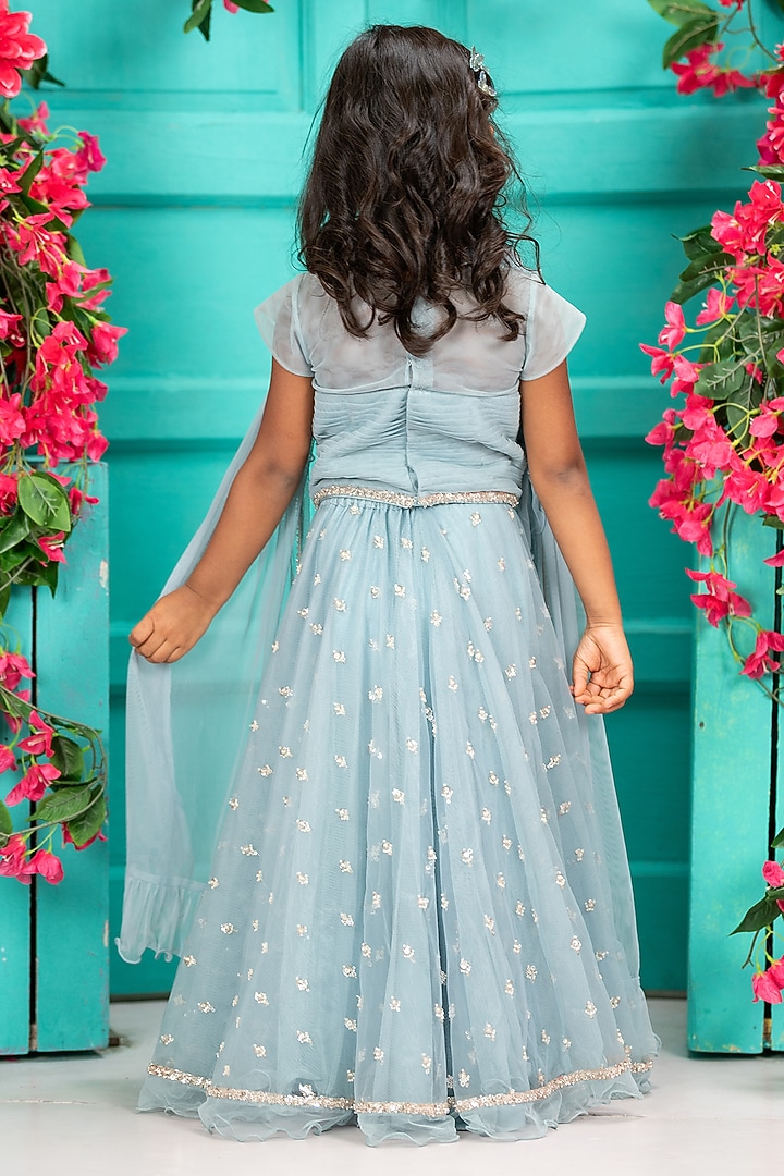 Blue Net Embroidered Lehenga Set For Girls by SHRUTI JALAN at Pernia's Pop Up Shop