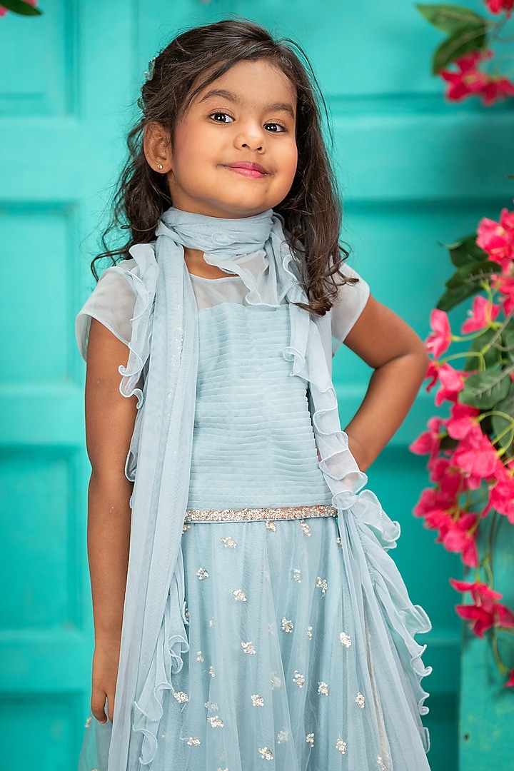 Blue Net Embroidered Lehenga Set For Girls by SHRUTI JALAN at Pernia's Pop Up Shop