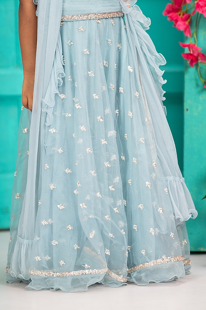 Blue Net Embroidered Lehenga Set For Girls by SHRUTI JALAN at Pernia's Pop Up Shop
