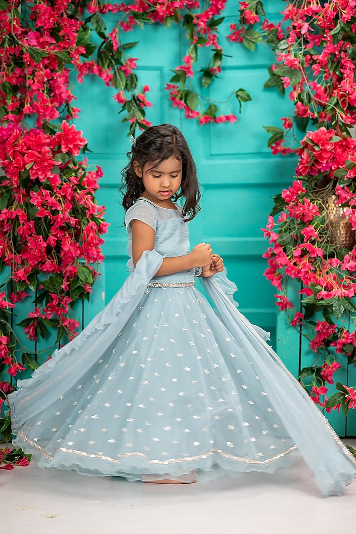 Blue Net Embroidered Lehenga Set For Girls by SHRUTI JALAN at Pernia's Pop Up Shop