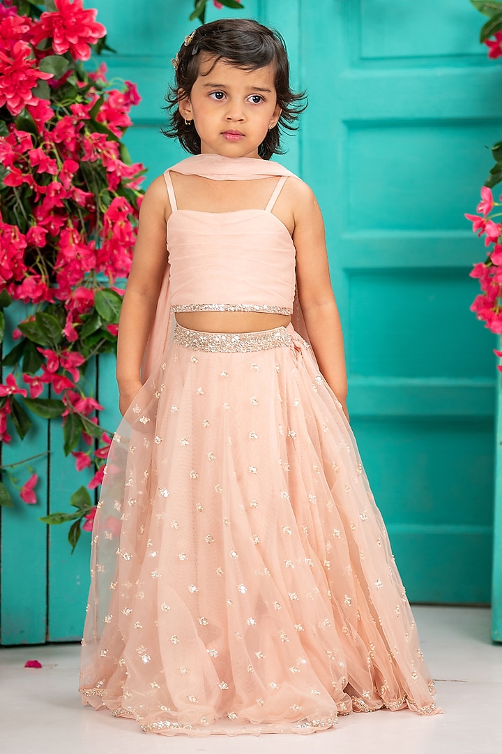 Soft Pink Net Embroidered Lehenga Set For Girls by SHRUTI JALAN at Pernia's Pop Up Shop
