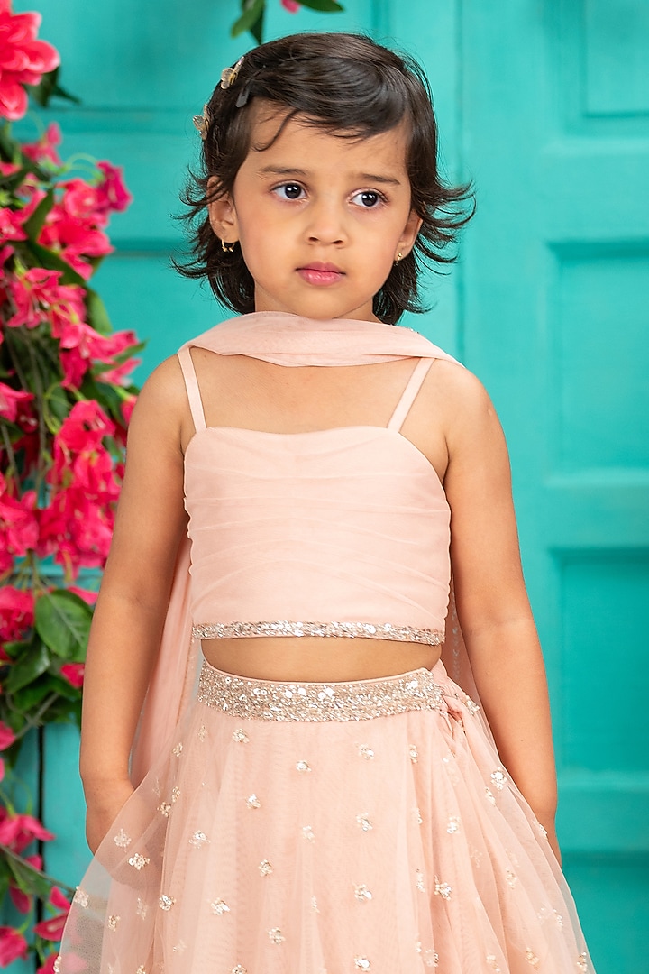 Soft Pink Net Embroidered Lehenga Set For Girls by SHRUTI JALAN at Pernia's Pop Up Shop