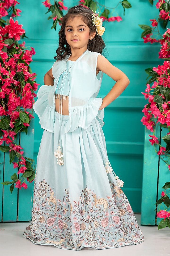 Blue Organza Embroidered Lehenga Set For Girls by SHRUTI JALAN at Pernia's Pop Up Shop