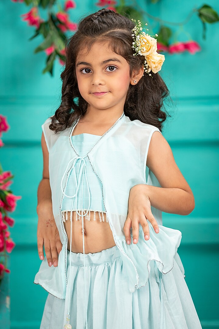 Blue Organza Embroidered Lehenga Set For Girls by SHRUTI JALAN at Pernia's Pop Up Shop