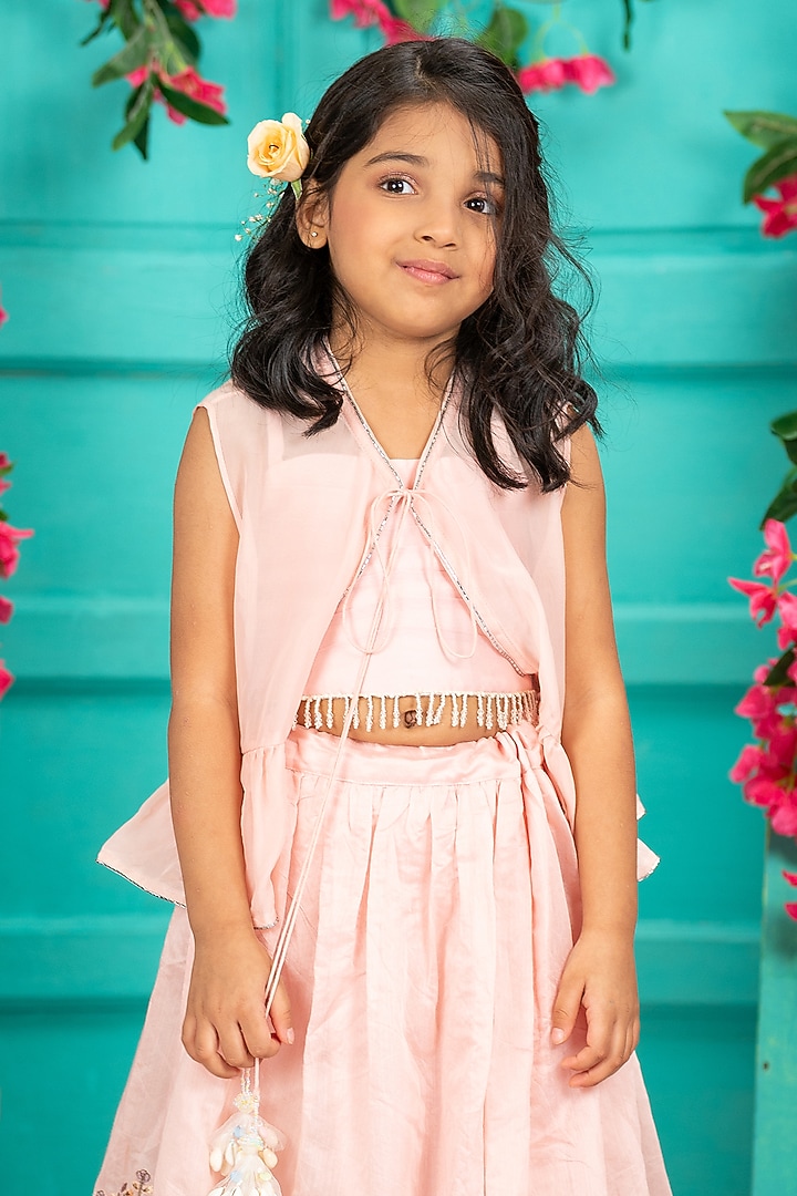 Soft Pink Organza Embroidered Lehenga Set For Girls by SHRUTI JALAN at Pernia's Pop Up Shop