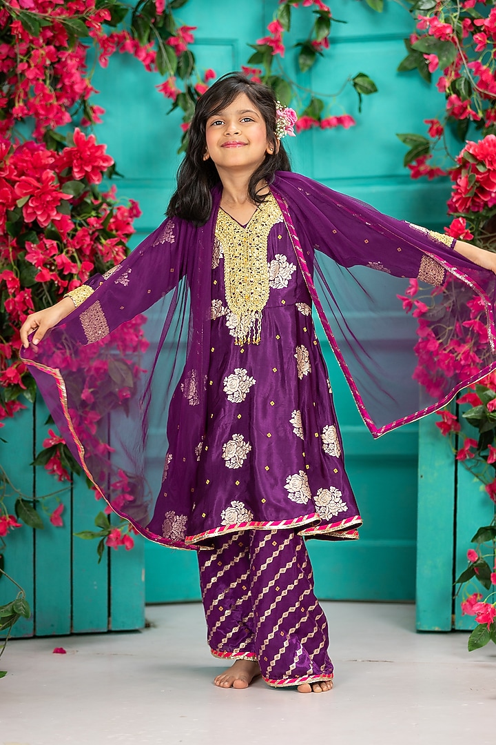 Violet Gajji Silk Peplum Kurta Set For Girls by SHRUTI JALAN at Pernia's Pop Up Shop