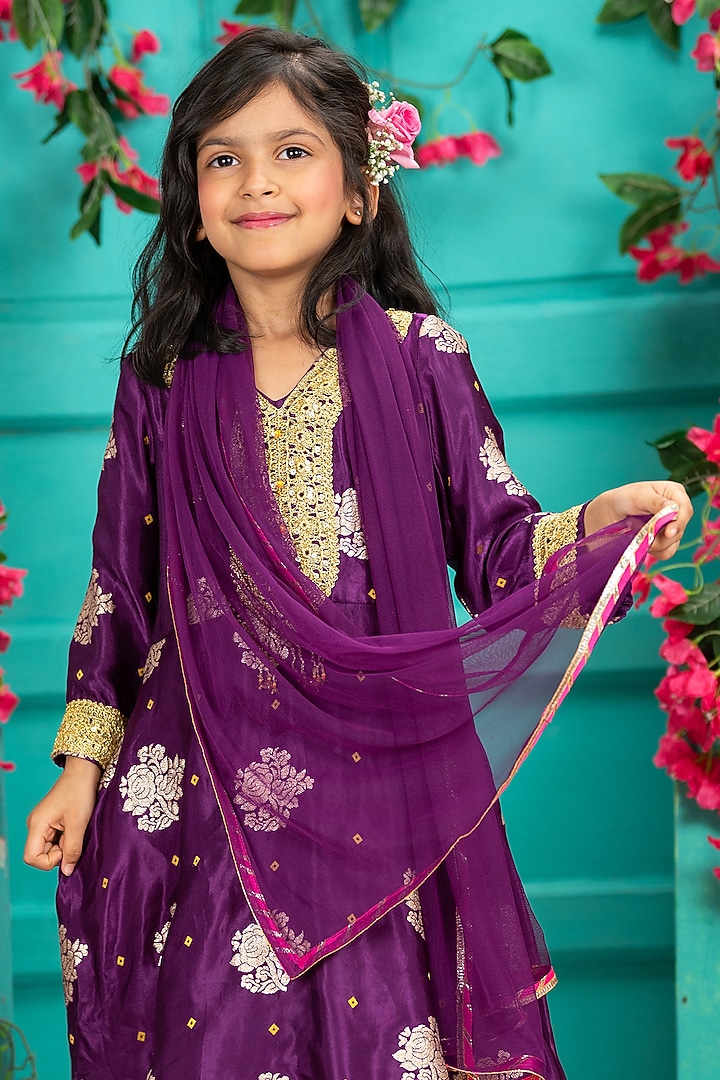 Violet Gajji Silk Peplum Kurta Set For Girls by SHRUTI JALAN at Pernia's Pop Up Shop