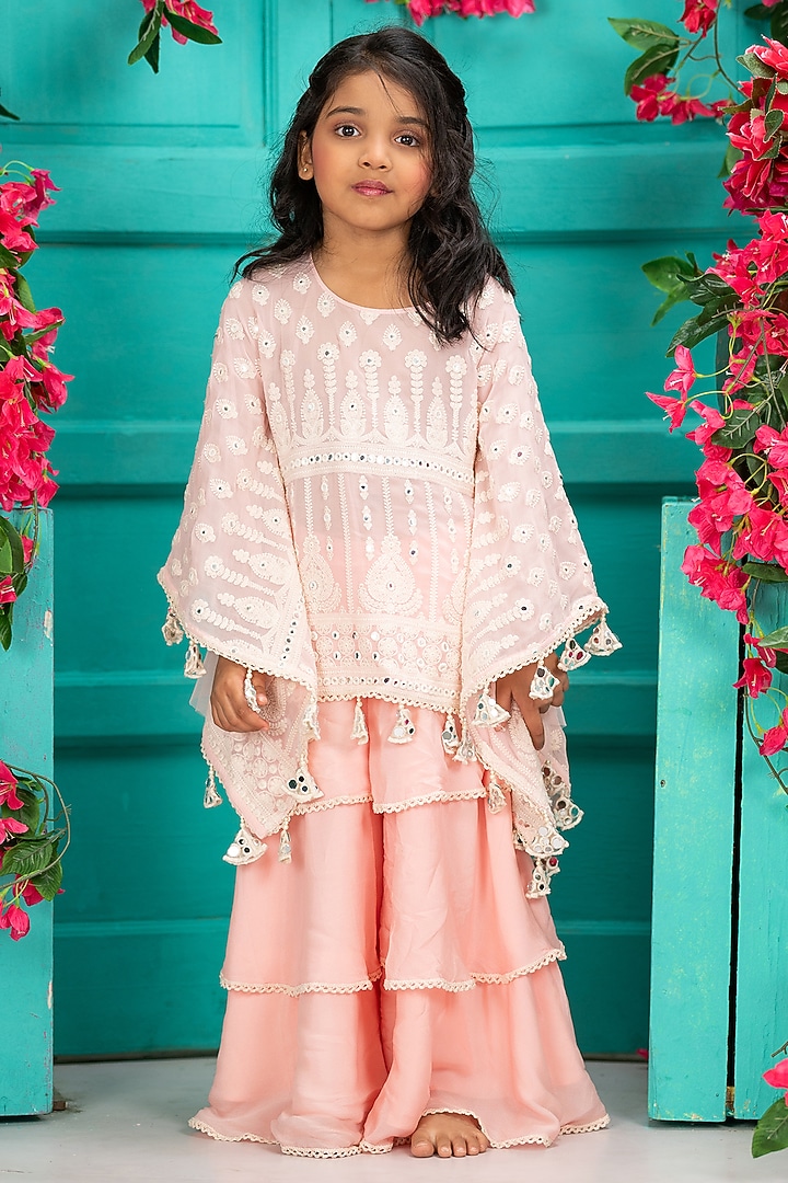 Pink Crepe Chinon Embroidered Gharara Set For Girls by SHRUTI JALAN at Pernia's Pop Up Shop