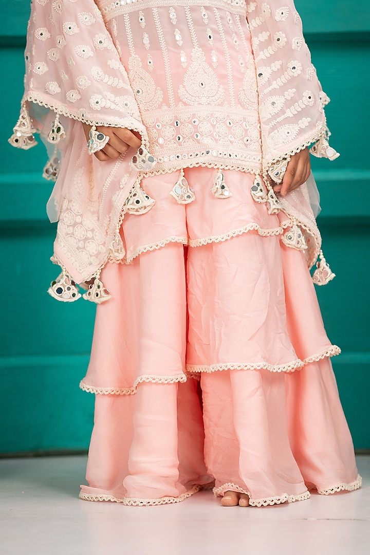 Pink Crepe Chinon Embroidered Gharara Set For Girls by SHRUTI JALAN at Pernia's Pop Up Shop