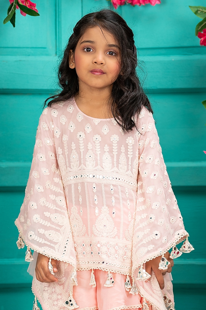 Pink Crepe Chinon Embroidered Gharara Set For Girls by SHRUTI JALAN at Pernia's Pop Up Shop