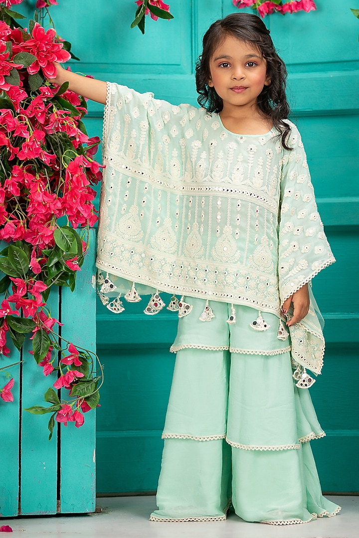 Blue Crepe Chinon Embroidered Gharara Set For Girls by SHRUTI JALAN at Pernia's Pop Up Shop