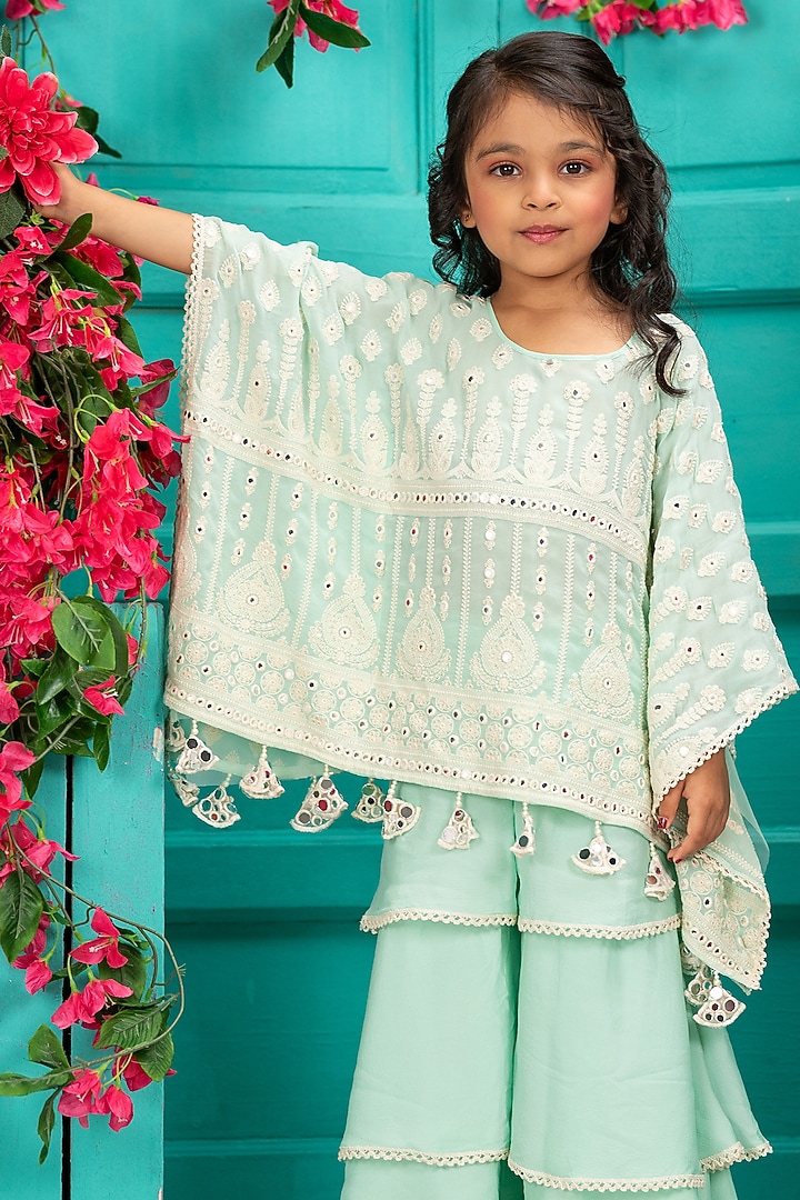 Blue Crepe Chinon Embroidered Gharara Set For Girls by SHRUTI JALAN at Pernia's Pop Up Shop