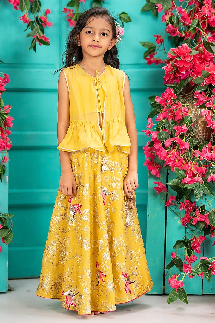 Yellow Organza Embroidered Jacket Lehenga Set For Girls by SHRUTI JALAN at Pernia's Pop Up Shop