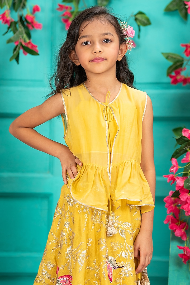 Yellow Organza Embroidered Jacket Lehenga Set For Girls by SHRUTI JALAN at Pernia's Pop Up Shop