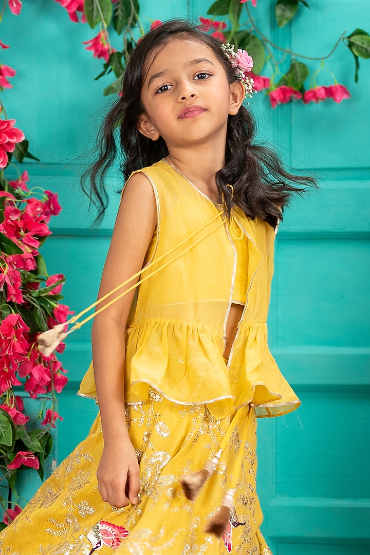 Yellow Organza Embroidered Jacket Lehenga Set For Girls by SHRUTI JALAN at Pernia's Pop Up Shop