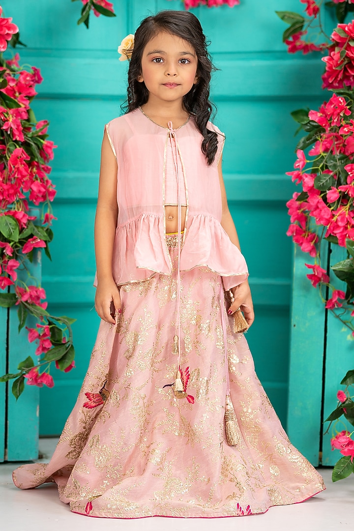 Pink Organza Embroidered Jacket Lehenga Set For Girls by SHRUTI JALAN at Pernia's Pop Up Shop