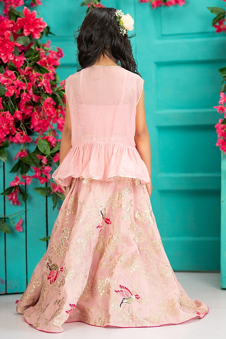 Pink Organza Embroidered Jacket Lehenga Set For Girls by SHRUTI JALAN at Pernia's Pop Up Shop