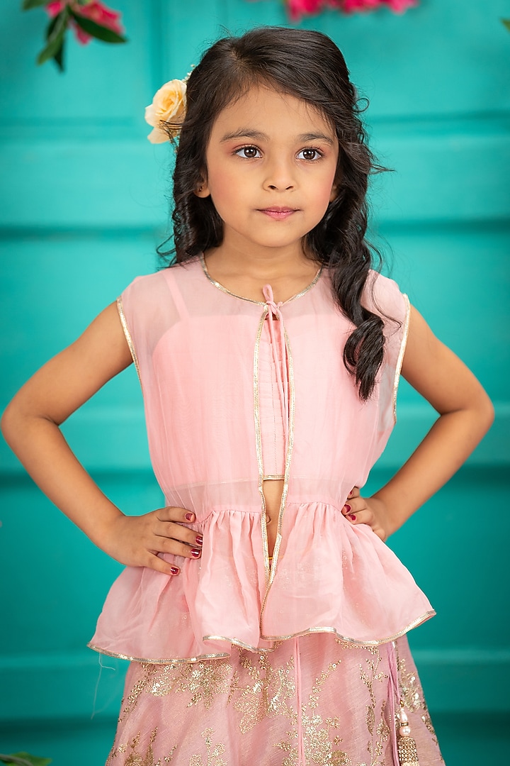 Pink Organza Embroidered Jacket Lehenga Set For Girls by SHRUTI JALAN at Pernia's Pop Up Shop