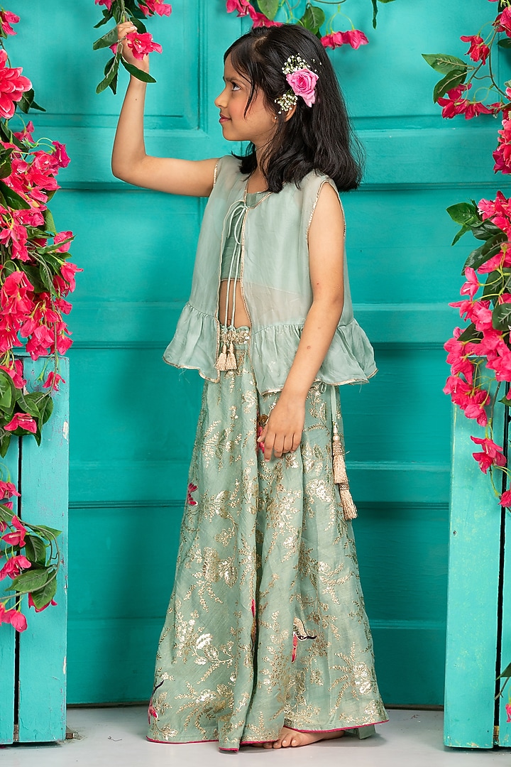 Green Organza Embroidered Jacket Lehenga Set For Girls by SHRUTI JALAN at Pernia's Pop Up Shop