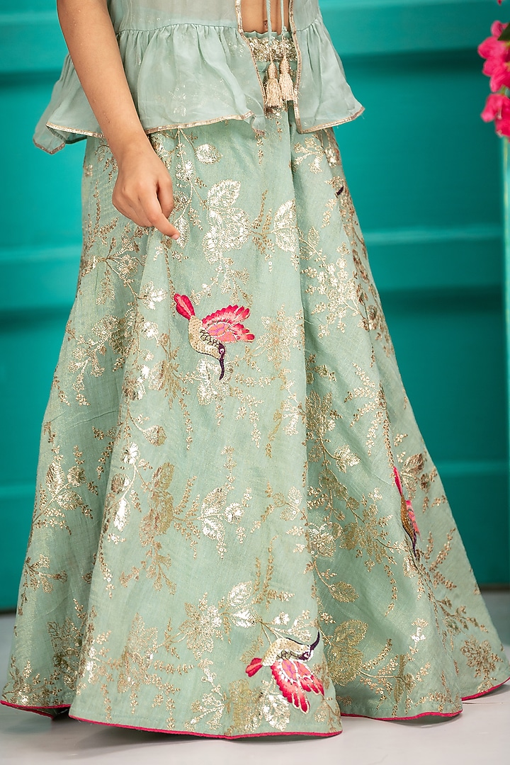 Green Organza Embroidered Jacket Lehenga Set For Girls by SHRUTI JALAN at Pernia's Pop Up Shop