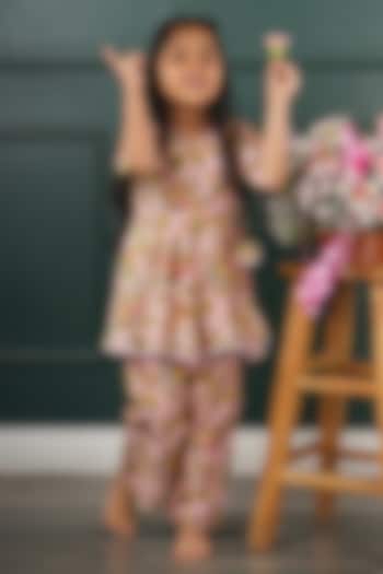 Pink Chanderi & Mal Printed Angrakha Set For Girls by SHRUTI JALAN at Pernia's Pop Up Shop