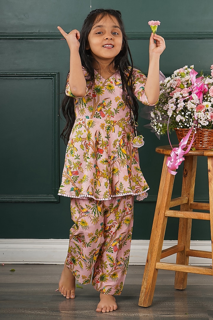 Pink Chanderi & Mal Printed Angrakha Set For Girls by SHRUTI JALAN at Pernia's Pop Up Shop