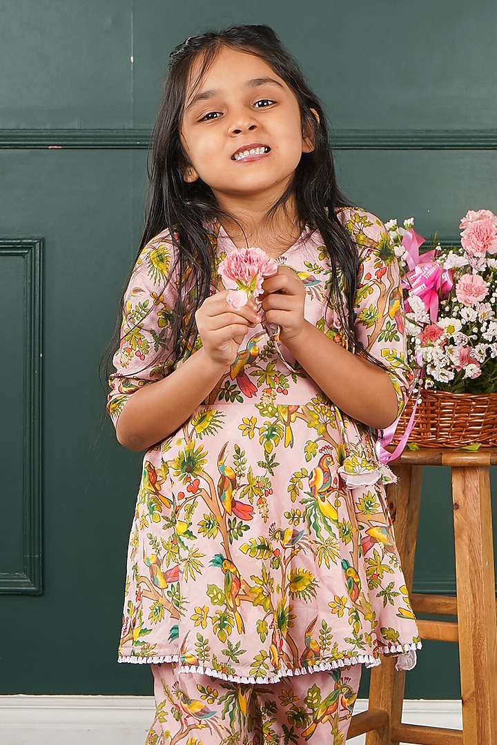 Pink Chanderi & Mal Printed Angrakha Set For Girls by SHRUTI JALAN at Pernia's Pop Up Shop