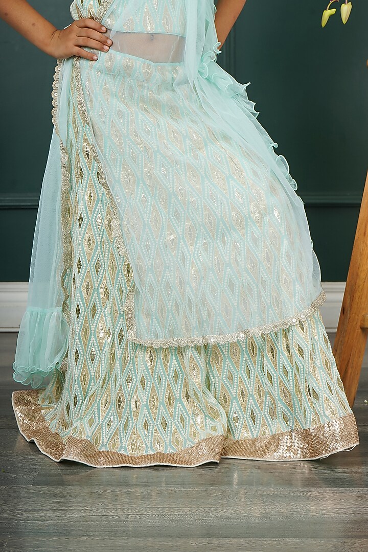 Light Blue Net Embroidered Lehenga Set For Girls by SHRUTI JALAN at Pernia's Pop Up Shop