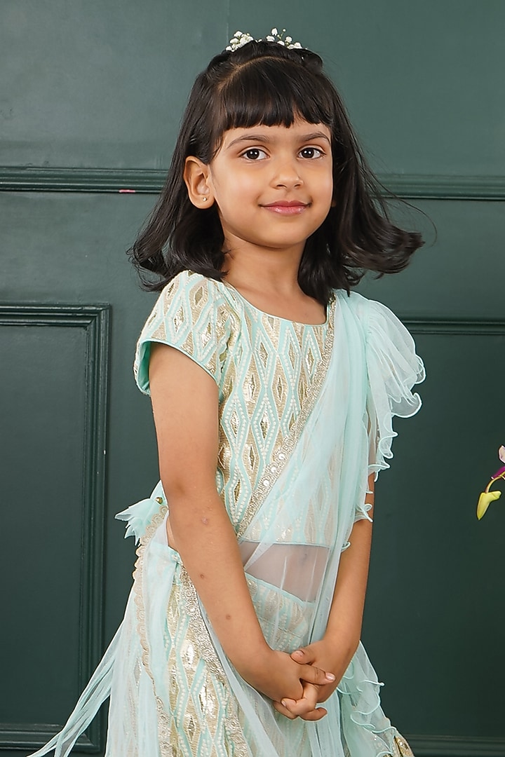 Light Blue Net Embroidered Lehenga Set For Girls by SHRUTI JALAN at Pernia's Pop Up Shop