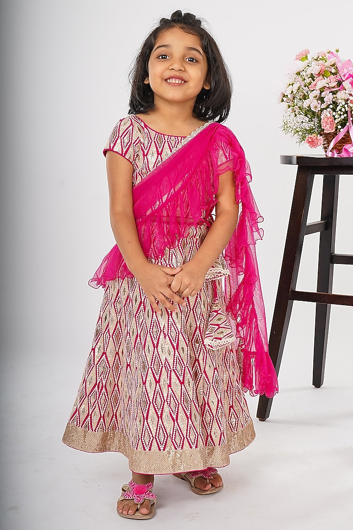 Rani Pink Net Embroidered Lehenga Set For Girls by SHRUTI JALAN at Pernia's Pop Up Shop