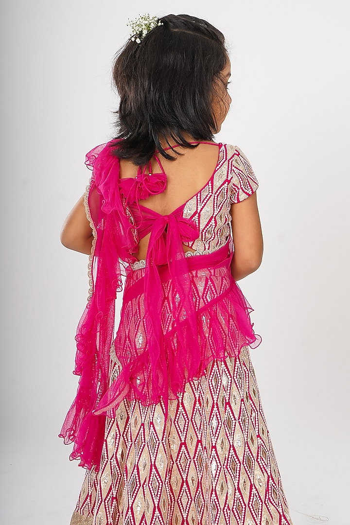 Rani Pink Net Embroidered Lehenga Set For Girls by SHRUTI JALAN at Pernia's Pop Up Shop