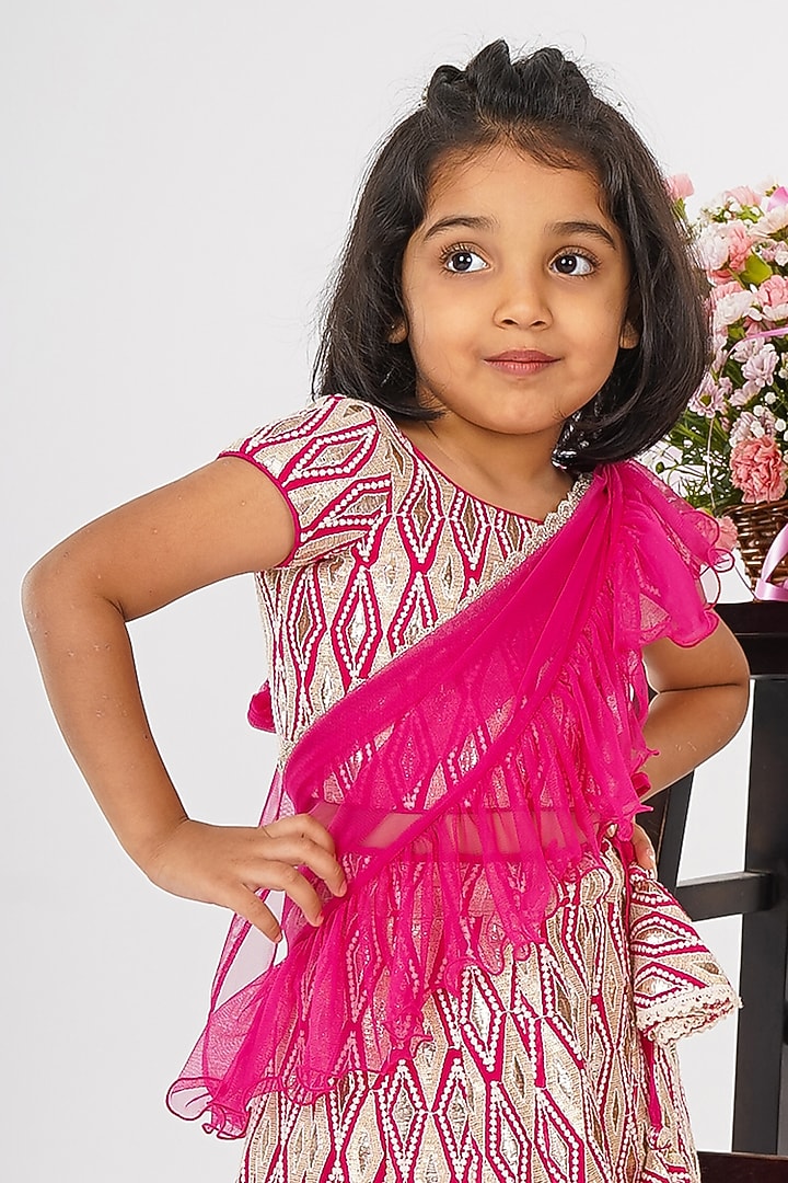 Rani Pink Net Embroidered Lehenga Set For Girls by SHRUTI JALAN at Pernia's Pop Up Shop