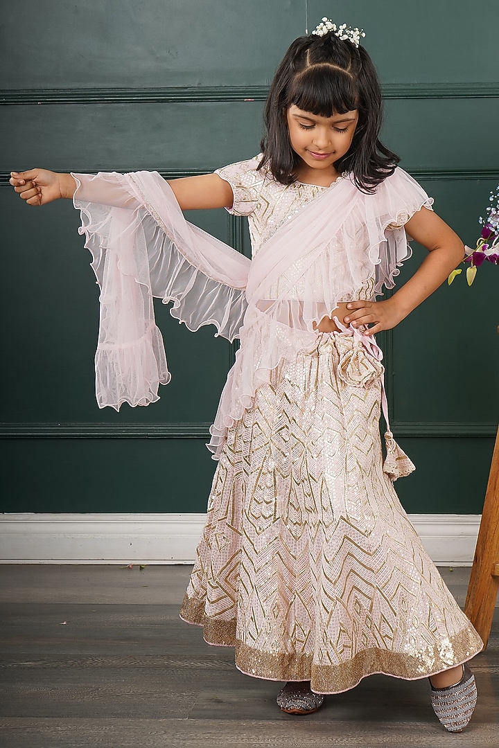 Baby Pink Net Embroidered Lehenga Set For Girls by SHRUTI JALAN at Pernia's Pop Up Shop