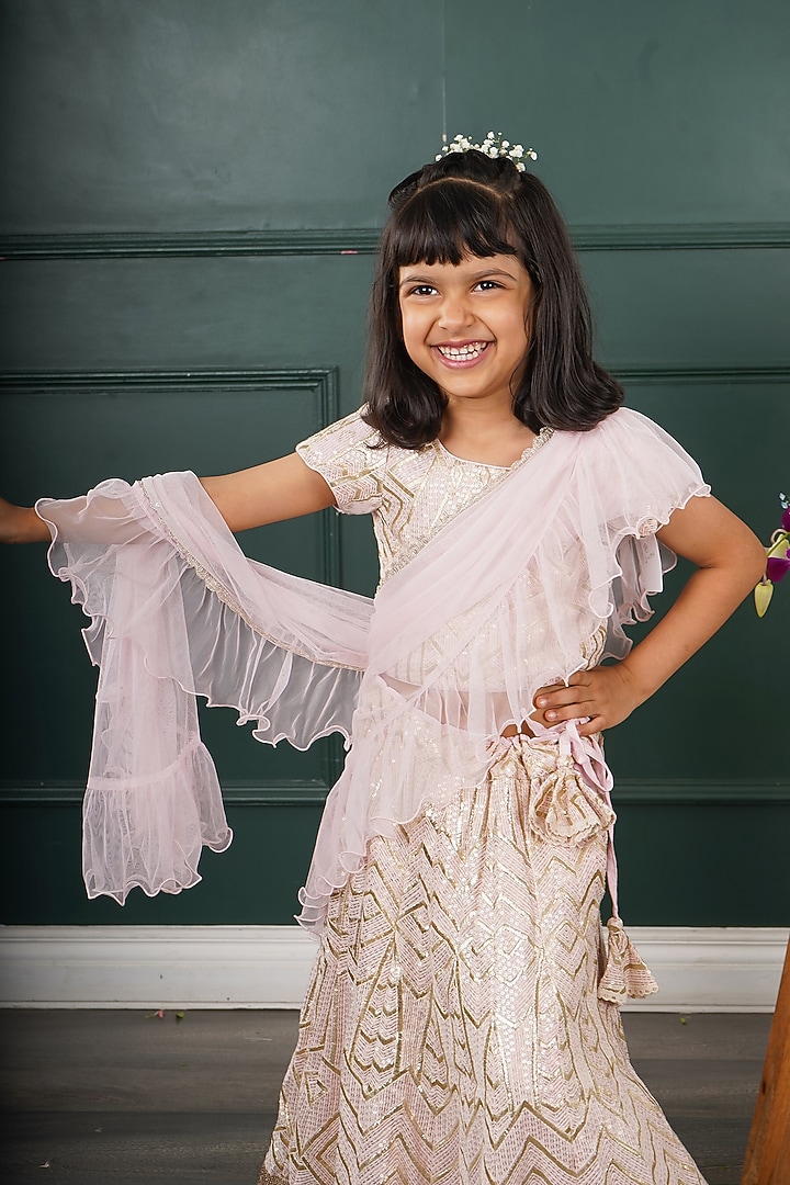 Baby Pink Net Embroidered Lehenga Set For Girls by SHRUTI JALAN at Pernia's Pop Up Shop